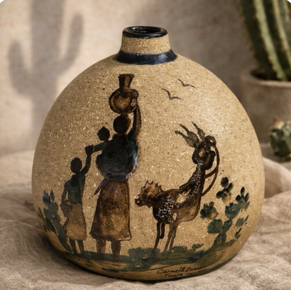 Vintage Tonala Mexico Pottery Vase Signed Carmela Zambrano Folk Art Deer Scene